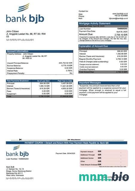 Indonezja Bank BJB wyciąg z kredytu hipotecznego szablon Word i PDF